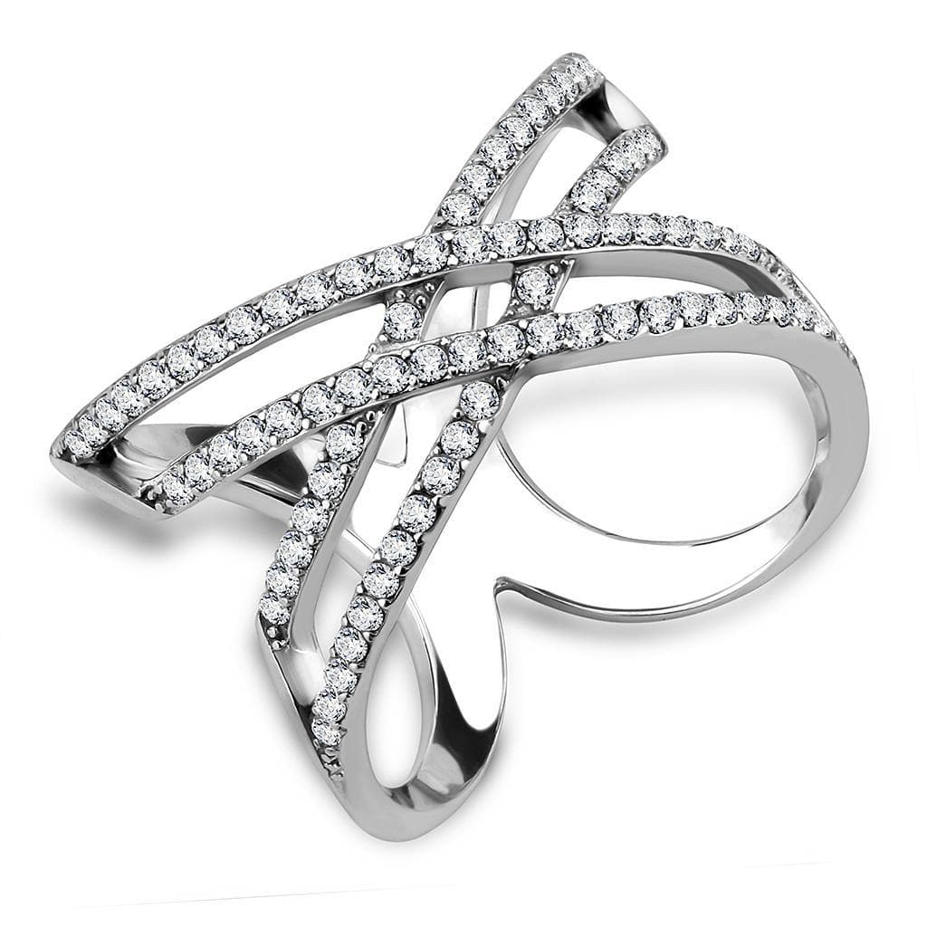Stainless Steel CZ Pave Bow Ribbon Crossover Open Ring