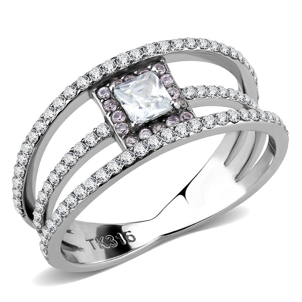 Stainless Steel CZ Princess Cut Pink Pave Halo Triple Band Ring