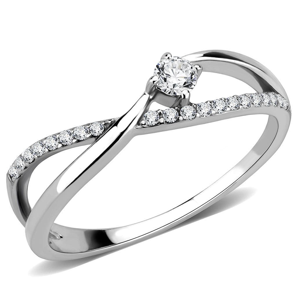 Stainless Steel CZ Round Prong Pave Crossover Bypass Ring