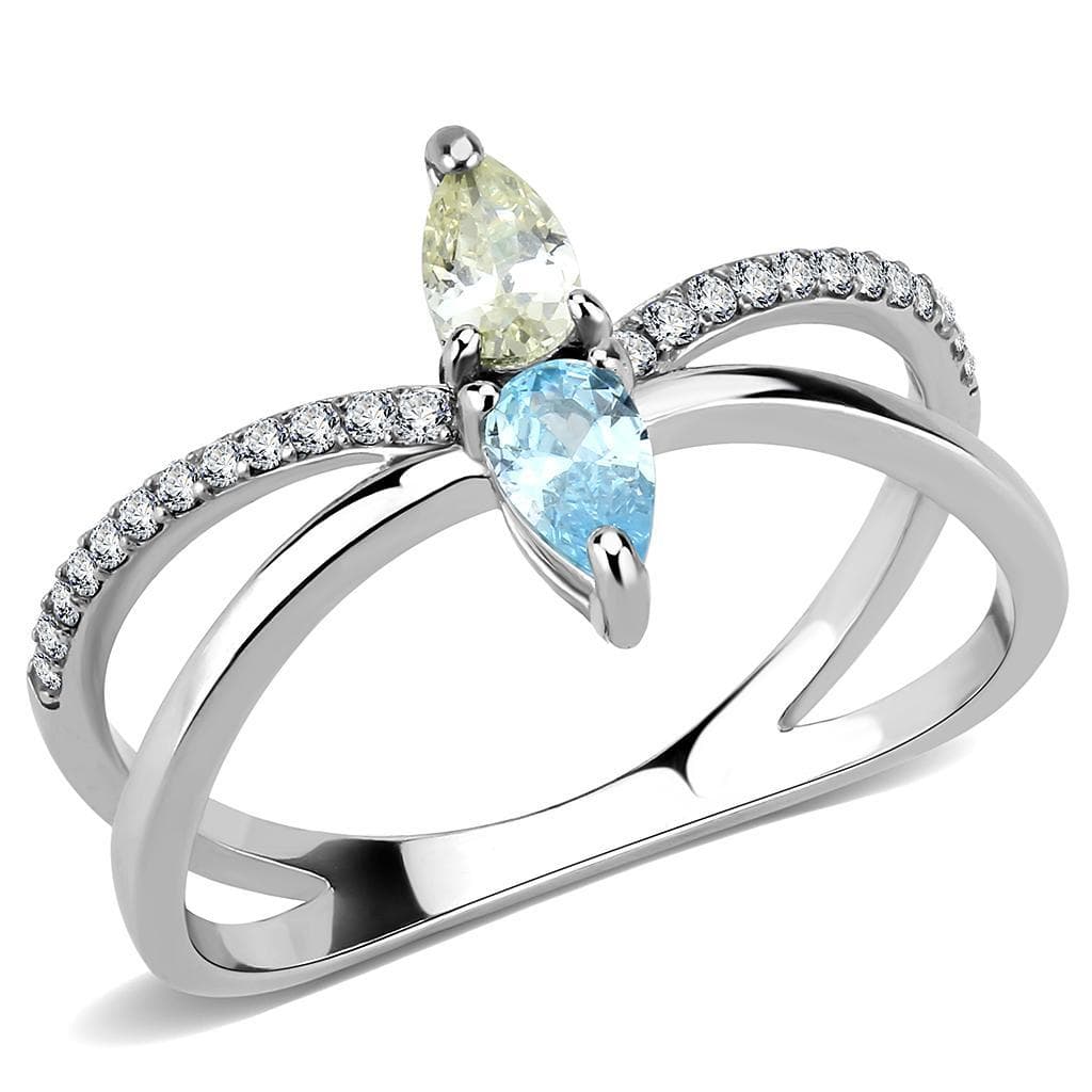 Stainless Steel Multi Color CZ Triple Pear Open Bypass Ring