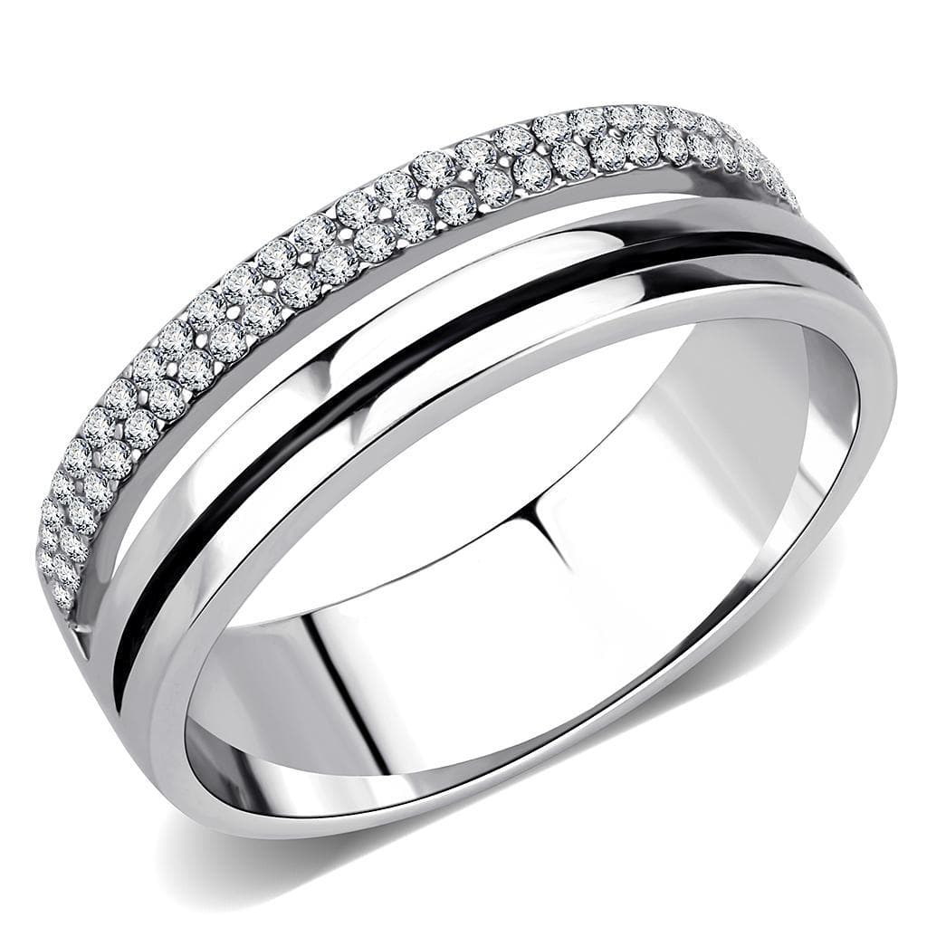 Stainless Steel CZ Pave Row Wide Polished Dome Band Ring