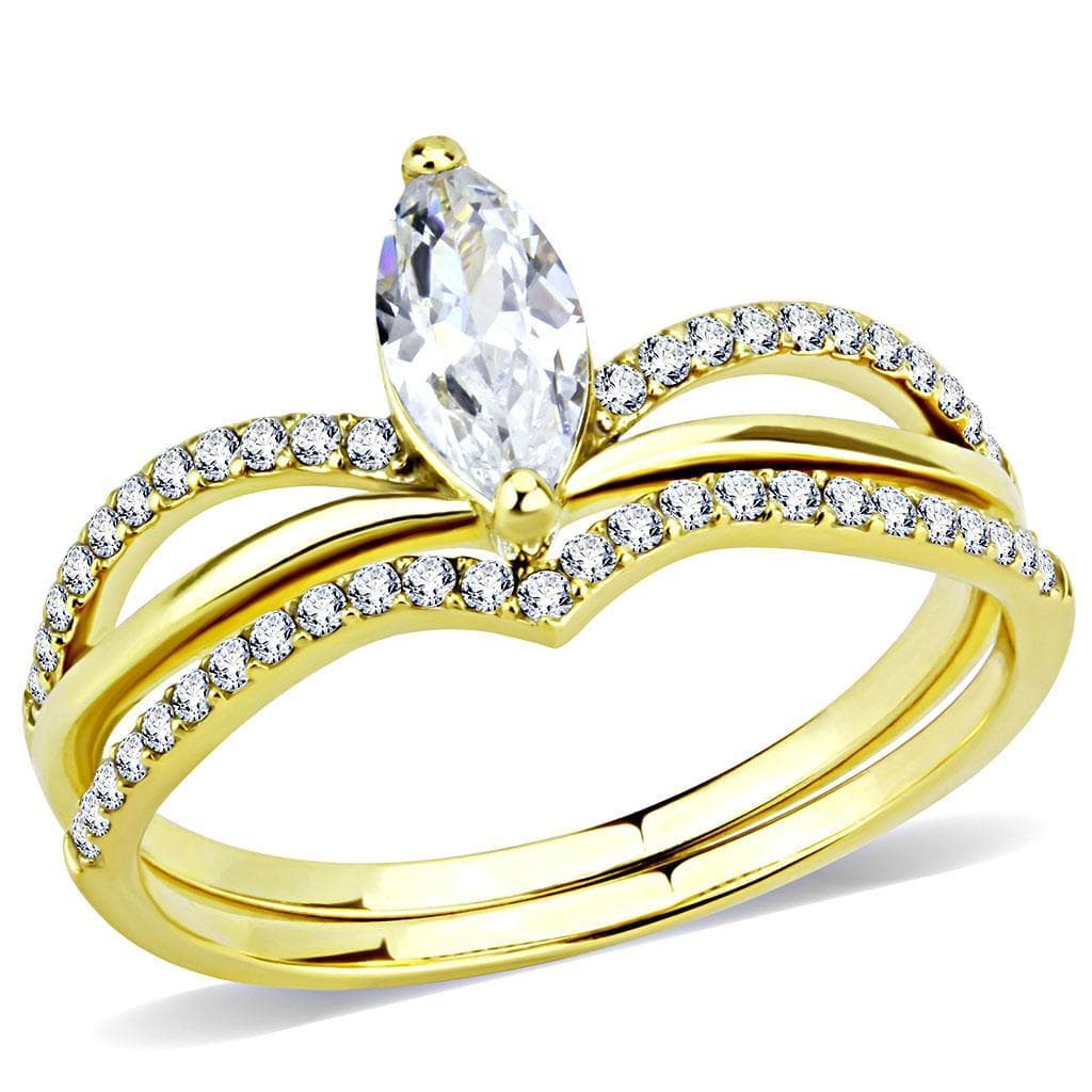Stainless Steel Gold CZ Marquise Pave Double Band Bridal Set Ring