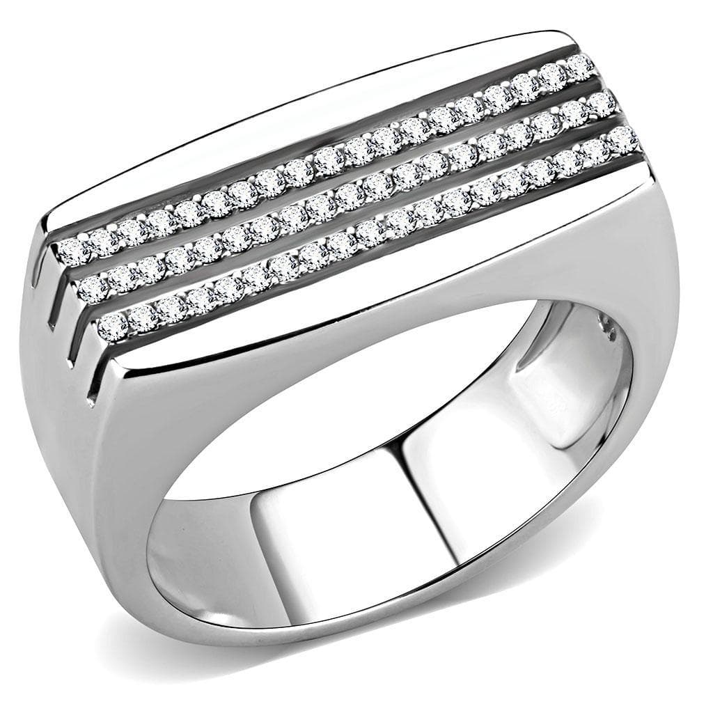 Stainless Steel CZ Pave Triple Row Flat Top Men Signet Ring