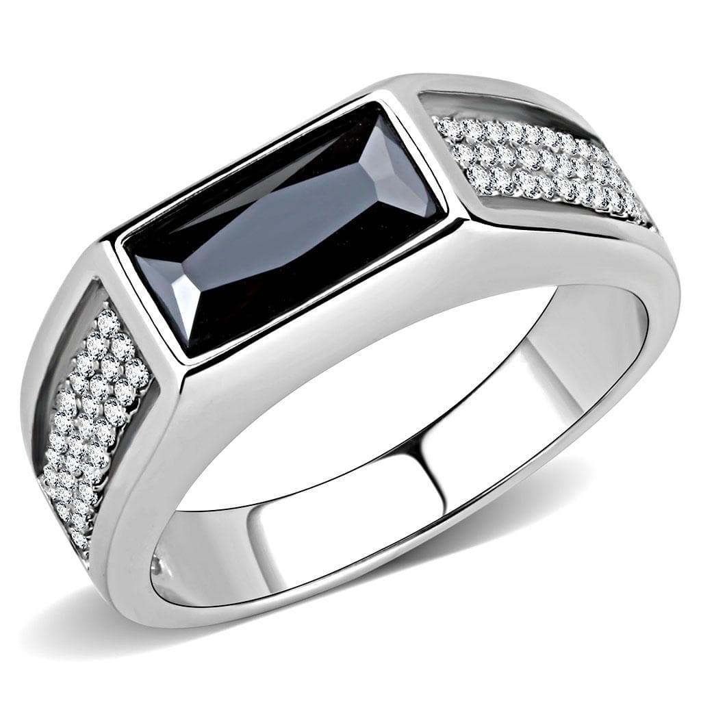 Stainless Steel Black CZ Emerald Cut Pave Shoulder Men Ring