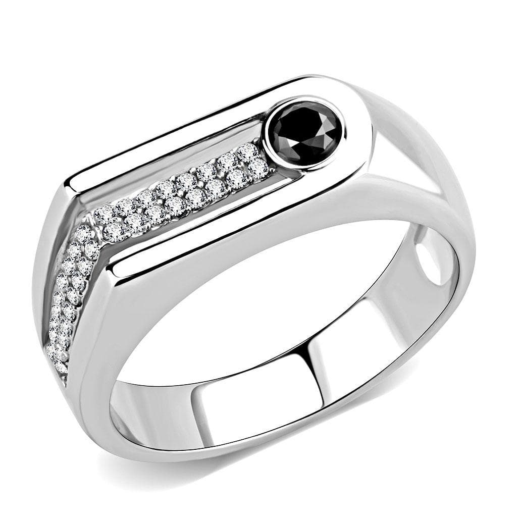 Stainless Steel Black CZ Round Bezel Pave Accent Men Signet Ring