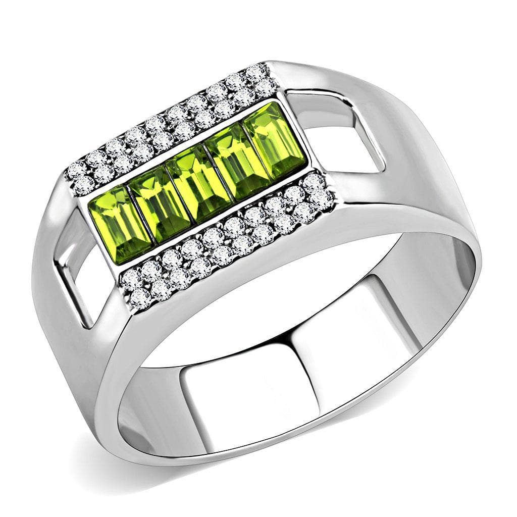Stainless Steel Green Peridot Baguette Row CZ Pave Men Ring