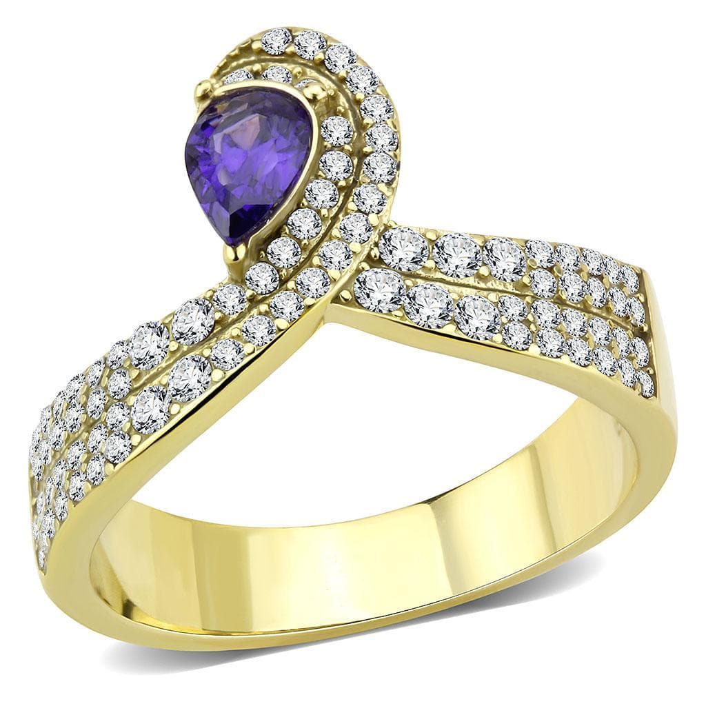 Stainless Steel Gold Purple Amethyst Pear CZ Pave Wrap Ring