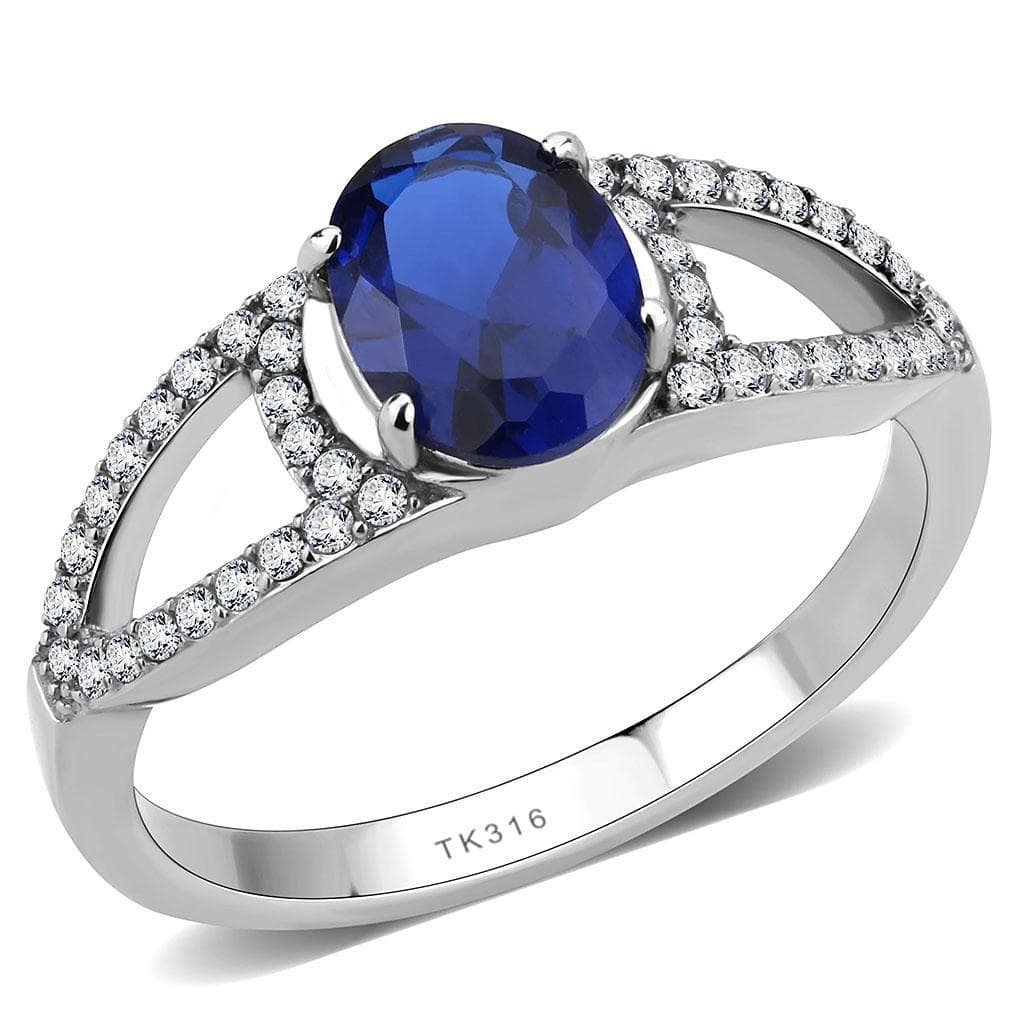 Stainless Steel Blue Sapphire Oval CZ Pave Split Shank Ring