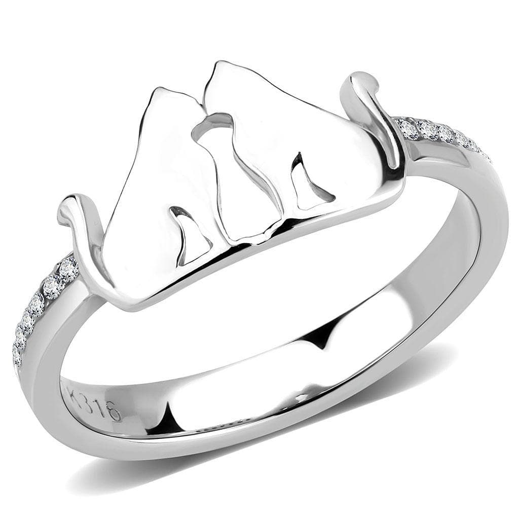 Stainless Steel Cat Silhouette CZ Pave Accent Band Ring