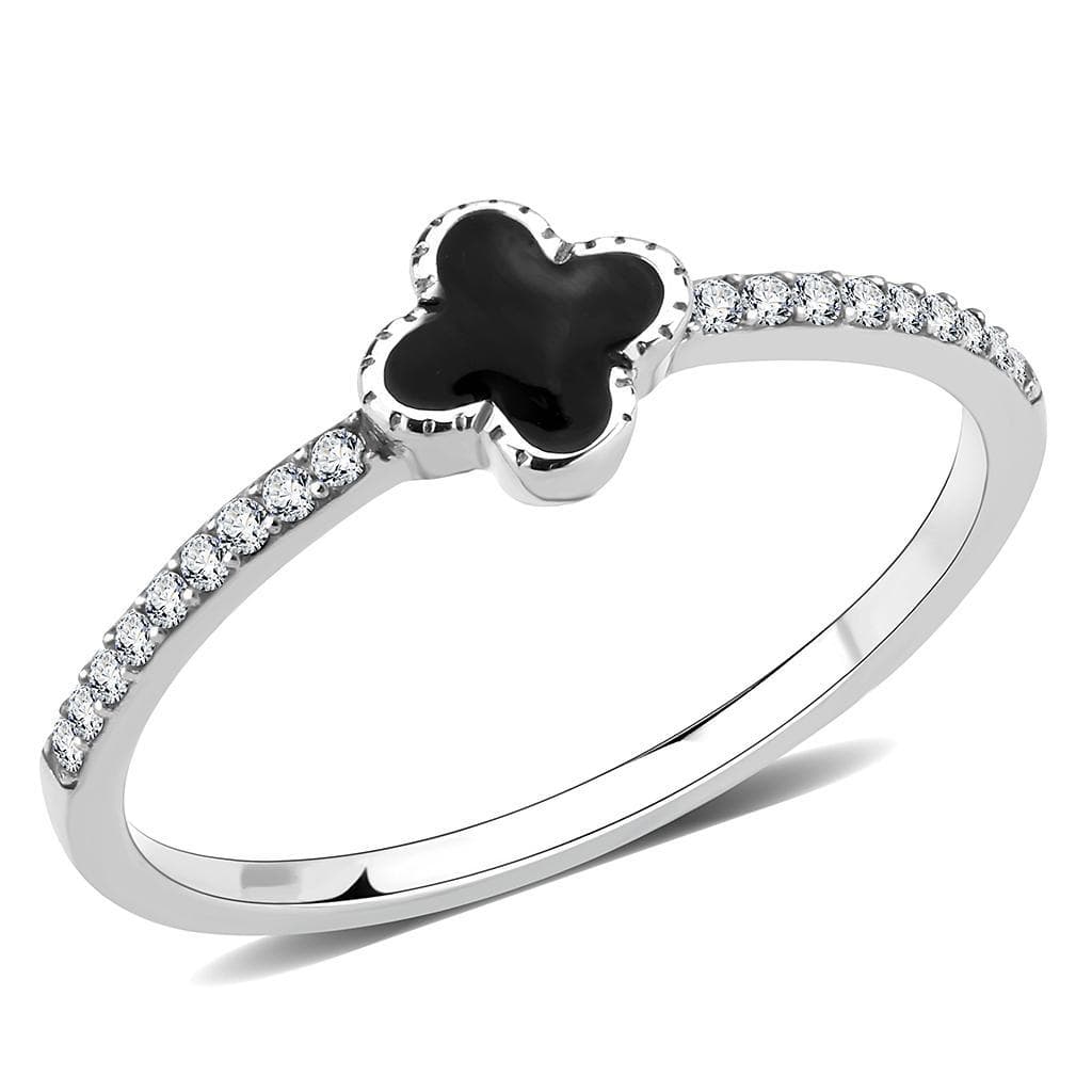 Stainless Steel Black Enamel Clover CZ Pave Slim Band Ring