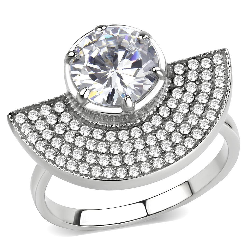 Stainless Steel CZ Round Pave Half Moon Fan Cocktail Ring