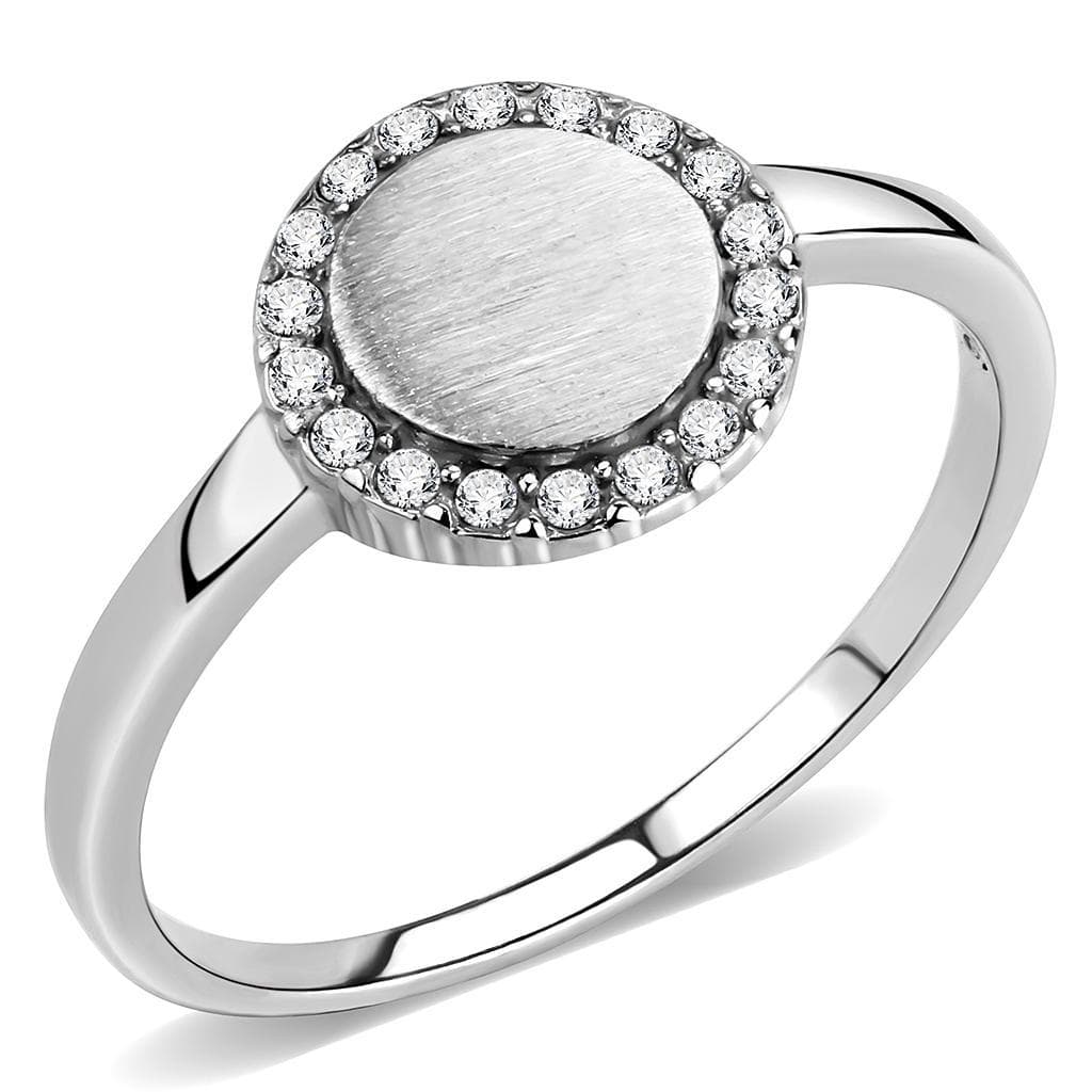 Stainless Steel Brushed Oval Disc CZ Pave Halo Signet Ring