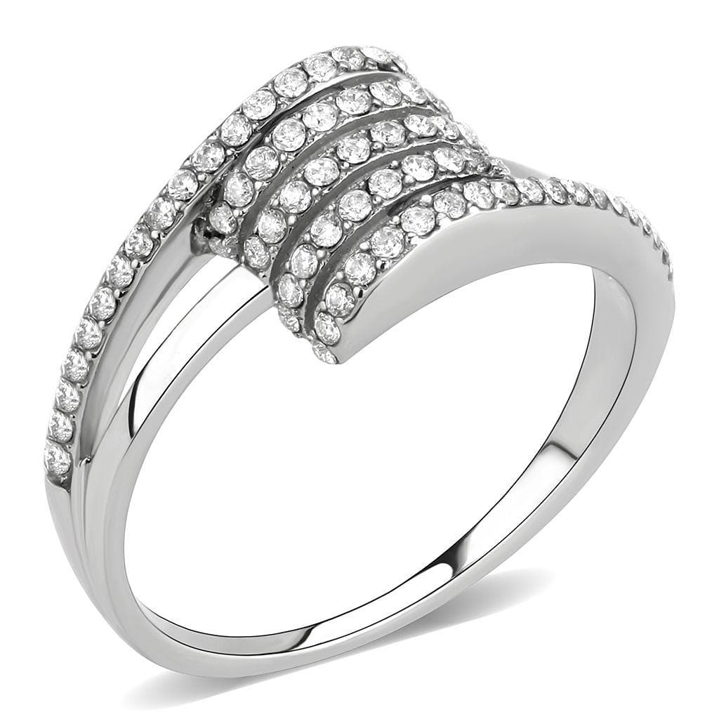 Stainless Steel CZ Pave Triple Row Curved V Chevron Band Ring