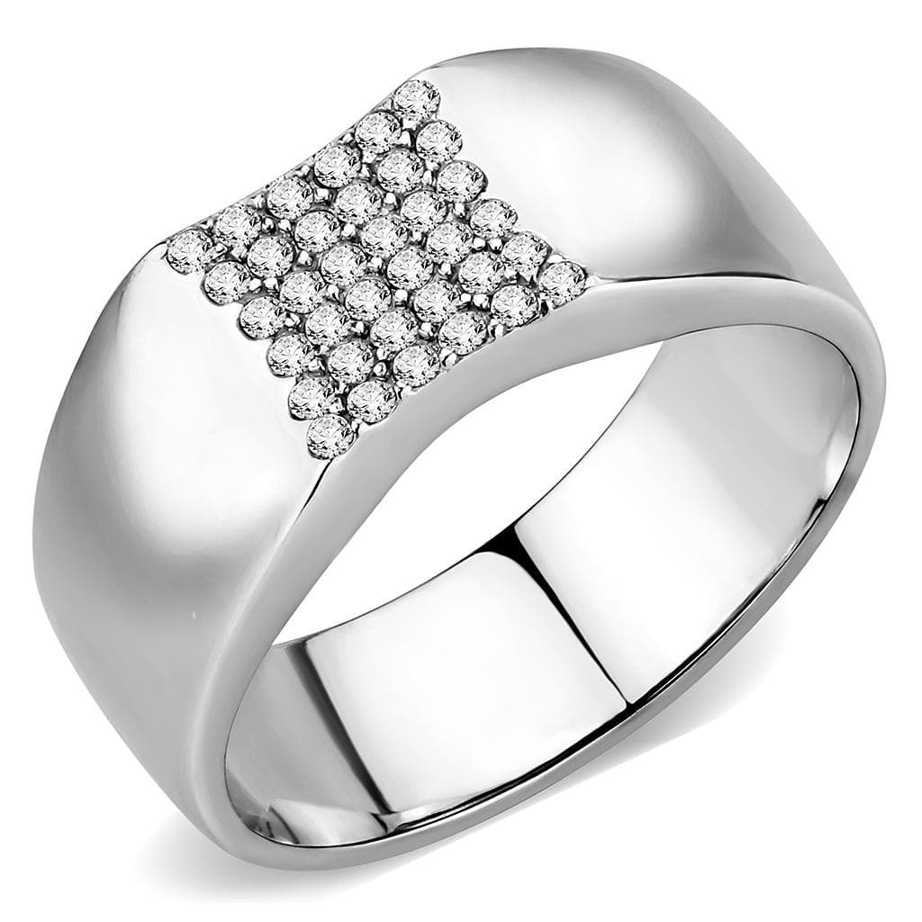 Stainless Steel CZ Pave Diamond Rhombus Flat Top Wide Band Ring