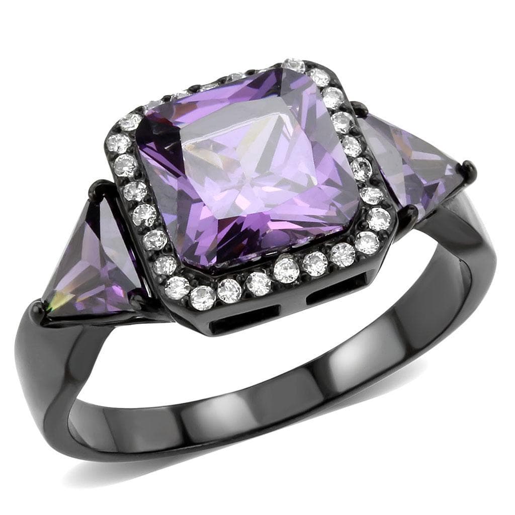 Stainless Steel Black IP Purple Amethyst Princess Pave Halo Ring