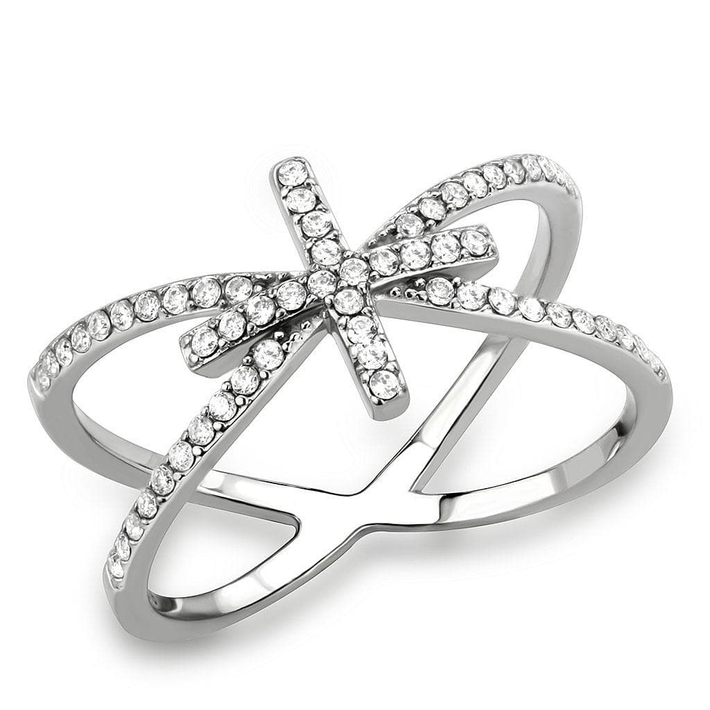 Stainless Steel CZ Pave X Cross Bow Double Band Ring