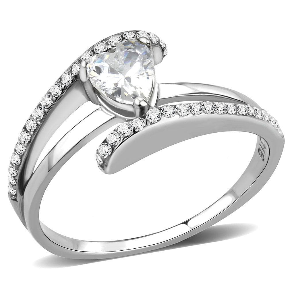 Stainless Steel CZ Pear Prong Pave Slim Bypass Solitaire Pendant