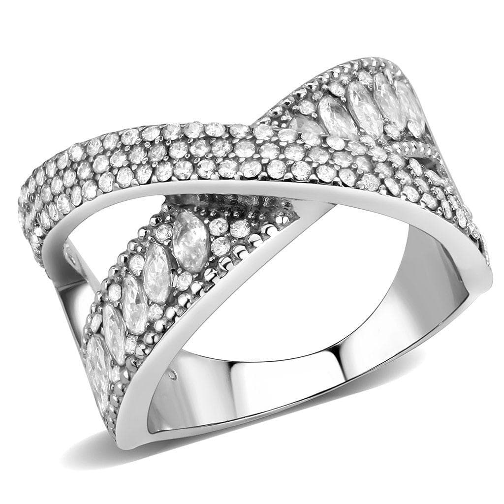 Stainless Steel CZ Marquise Pave Wide V Crossover Cocktail Ring