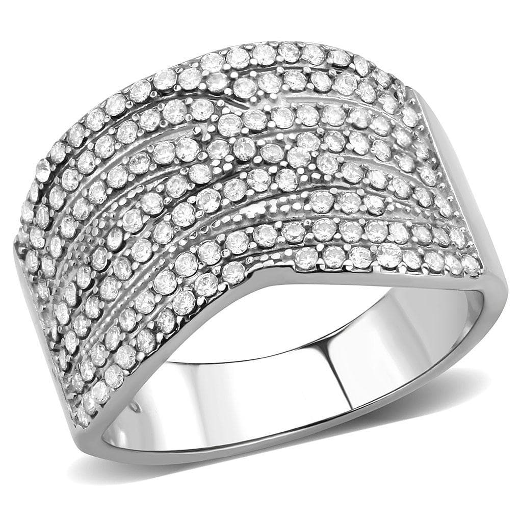Stainless Steel CZ Pave Multi Row Curved Wide Dome Cocktail Ring