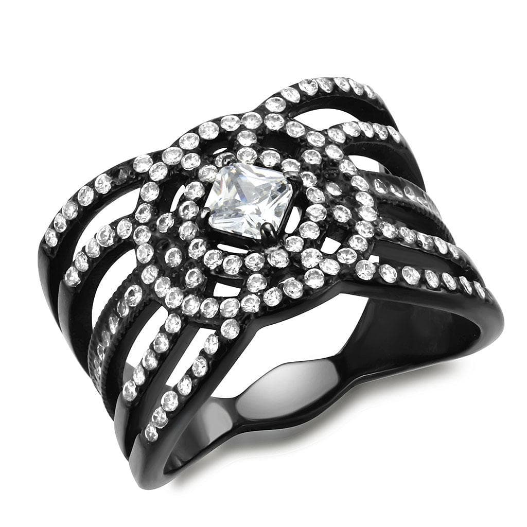 Stainless Steel Black IP CZ Round Pave Multi Strand Wide Ring