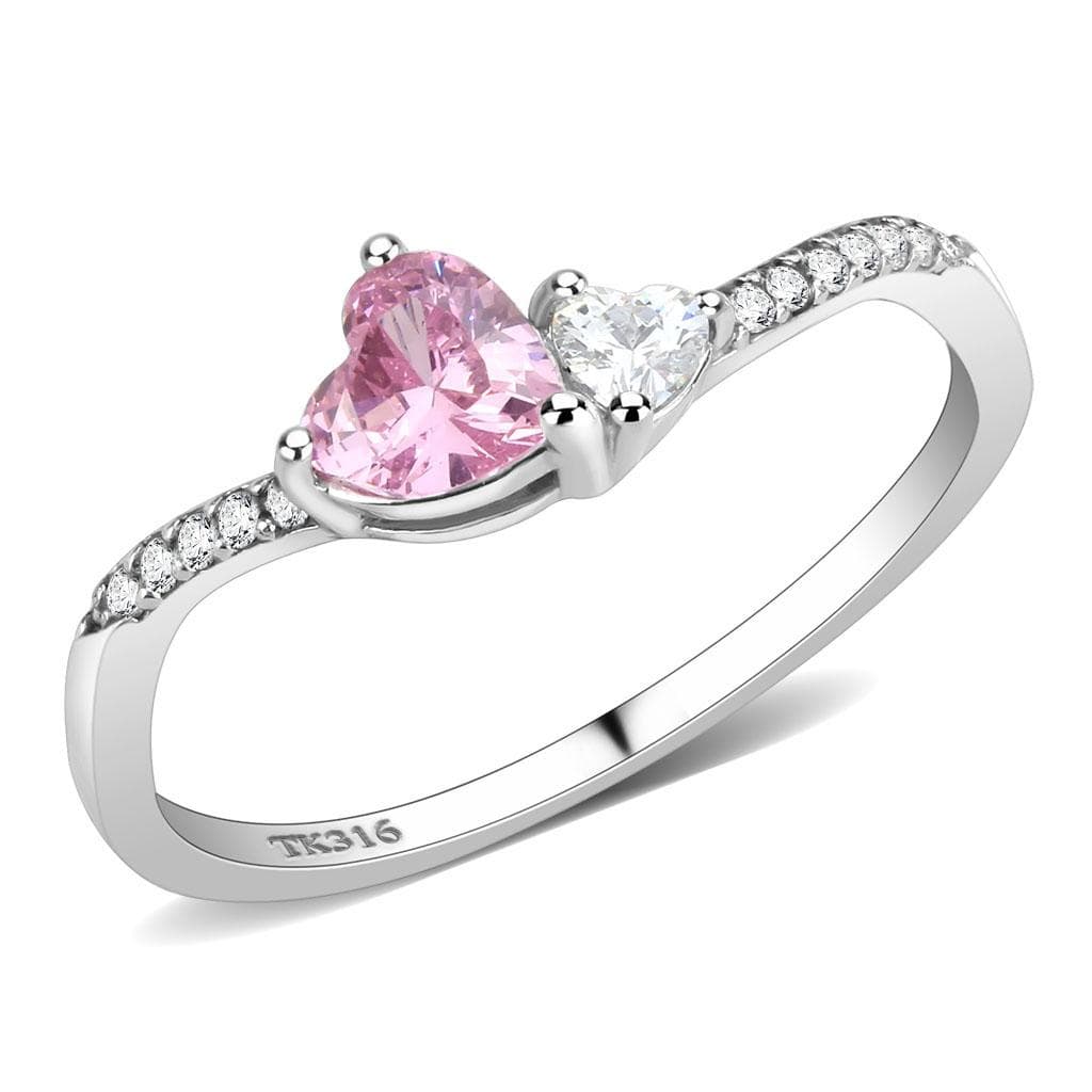 Stainless Steel Pink CZ Heart Round CZ Pave Accent Solitaire Ring