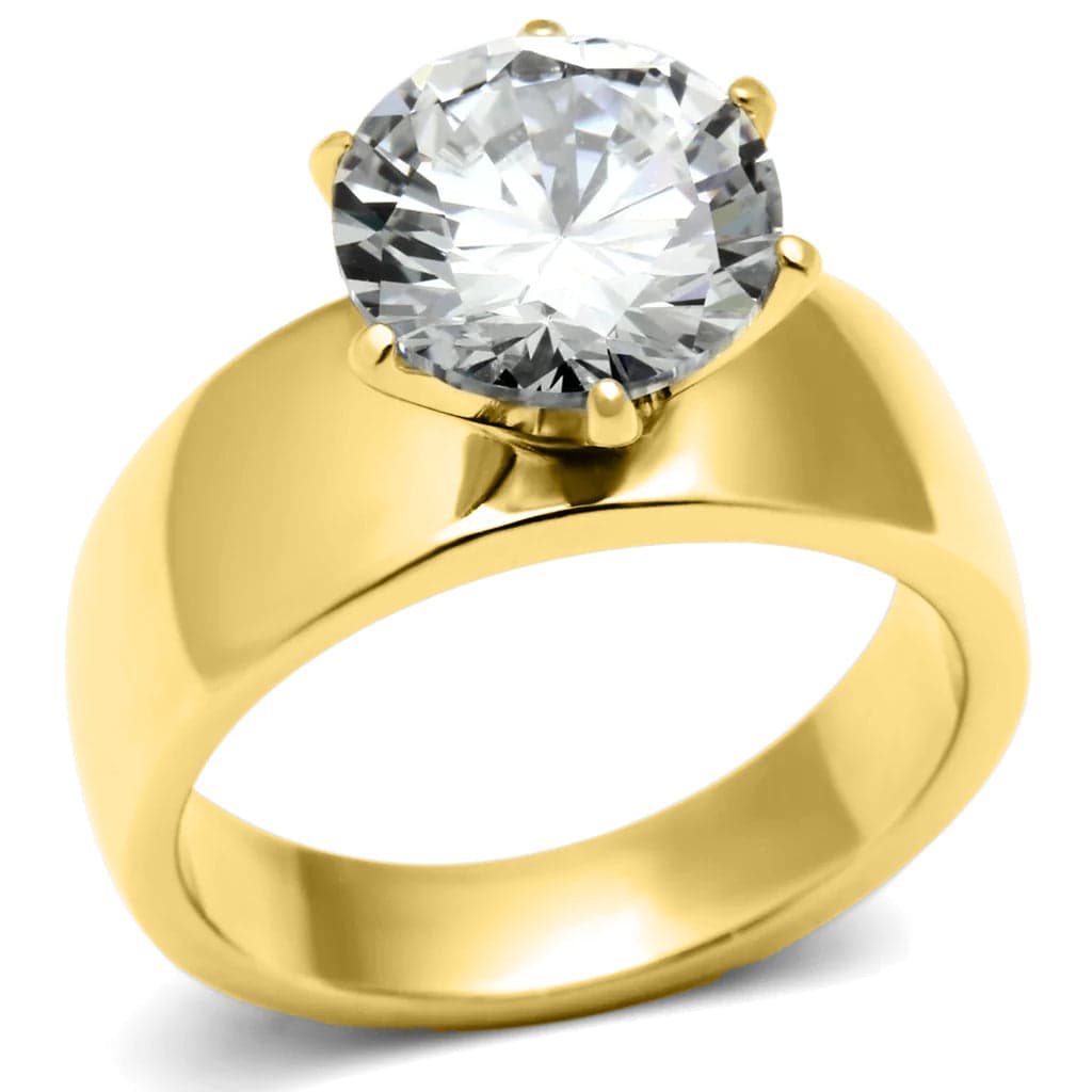 Stainless Steel Gold CZ Oversized Solitaire Ring