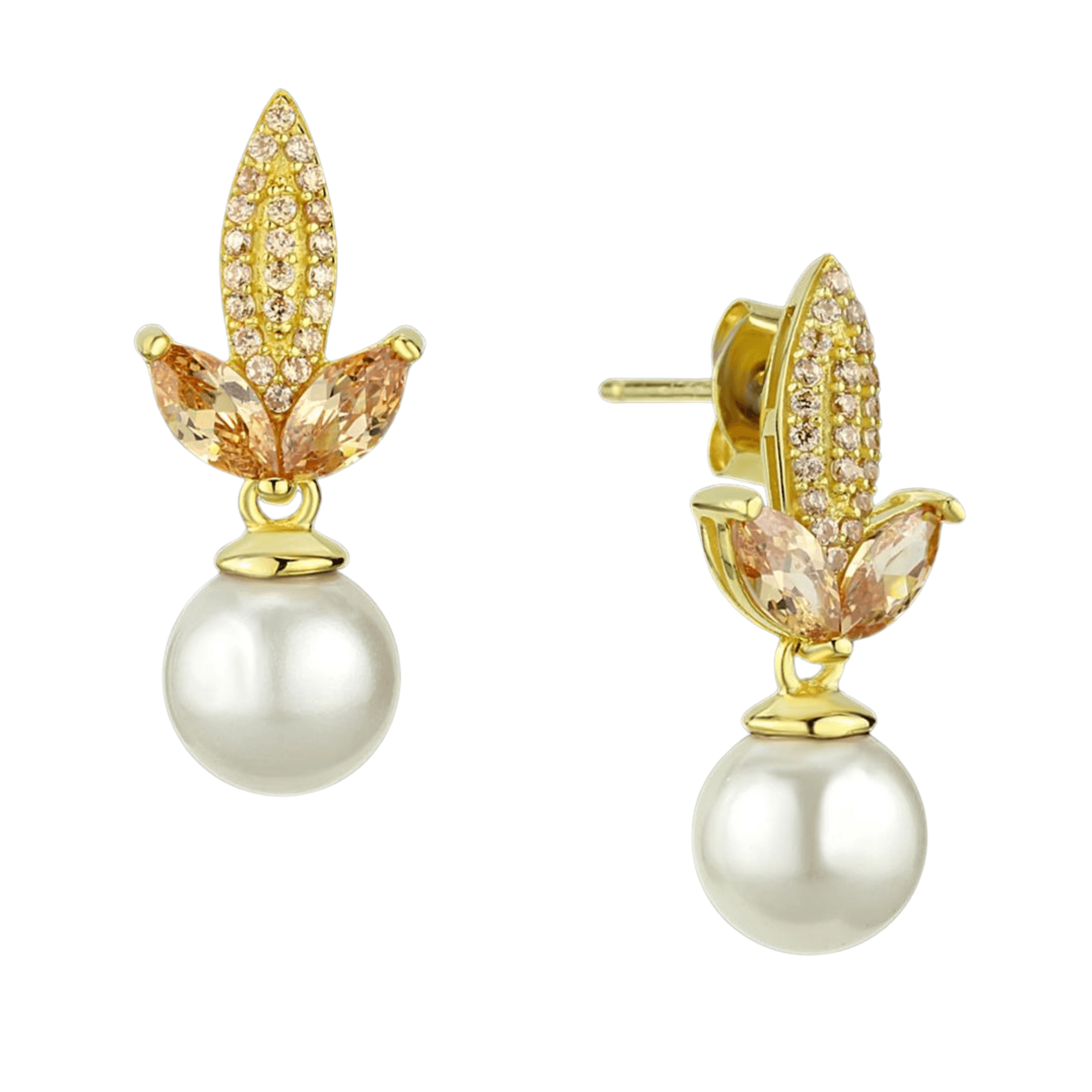 Sterling Silver Gold Two Tone Champagne CZ Leaf Pearl Earrings