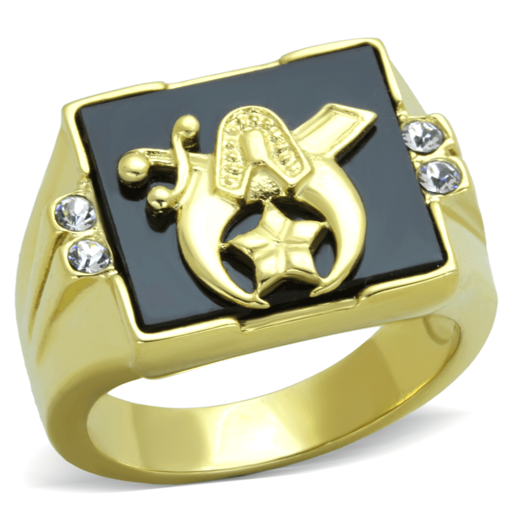 Stainless Steel Gold IP Masonic Shriner Black Onyx Signet Ring