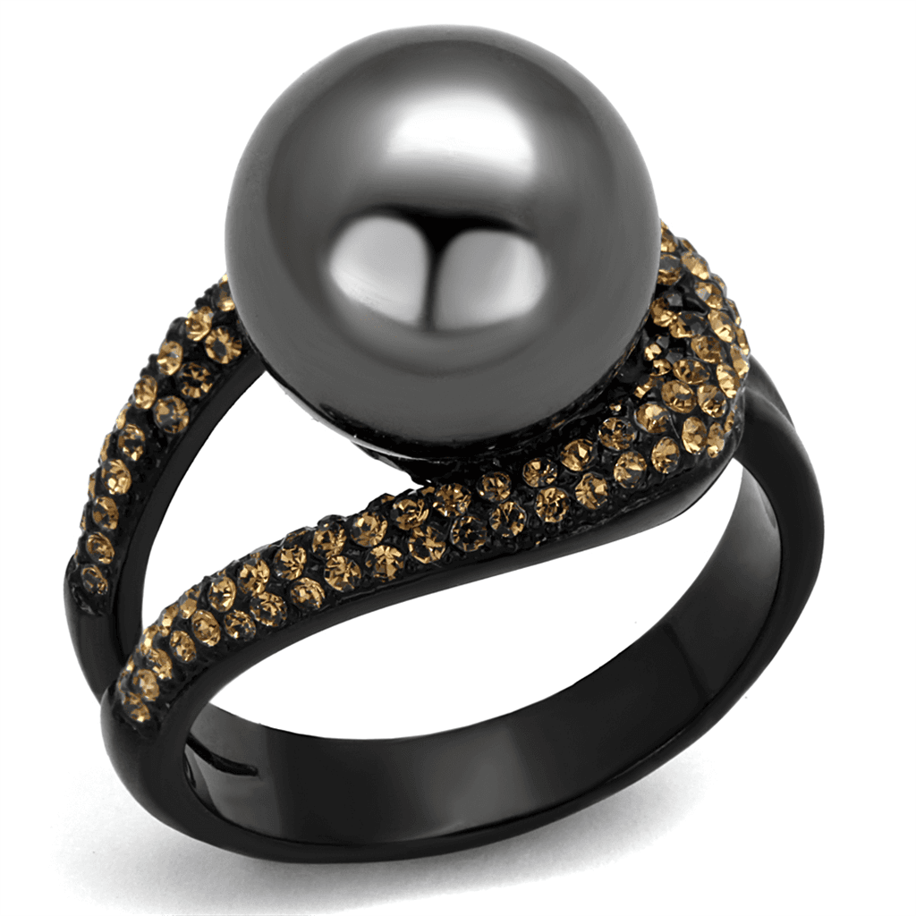 Stainless Steel Black IP Gray Pearl Champagne CZ Halo Ring