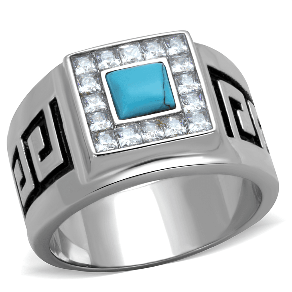 Stainless Steel Turquoise Square Greek Key Mens Signet Ring