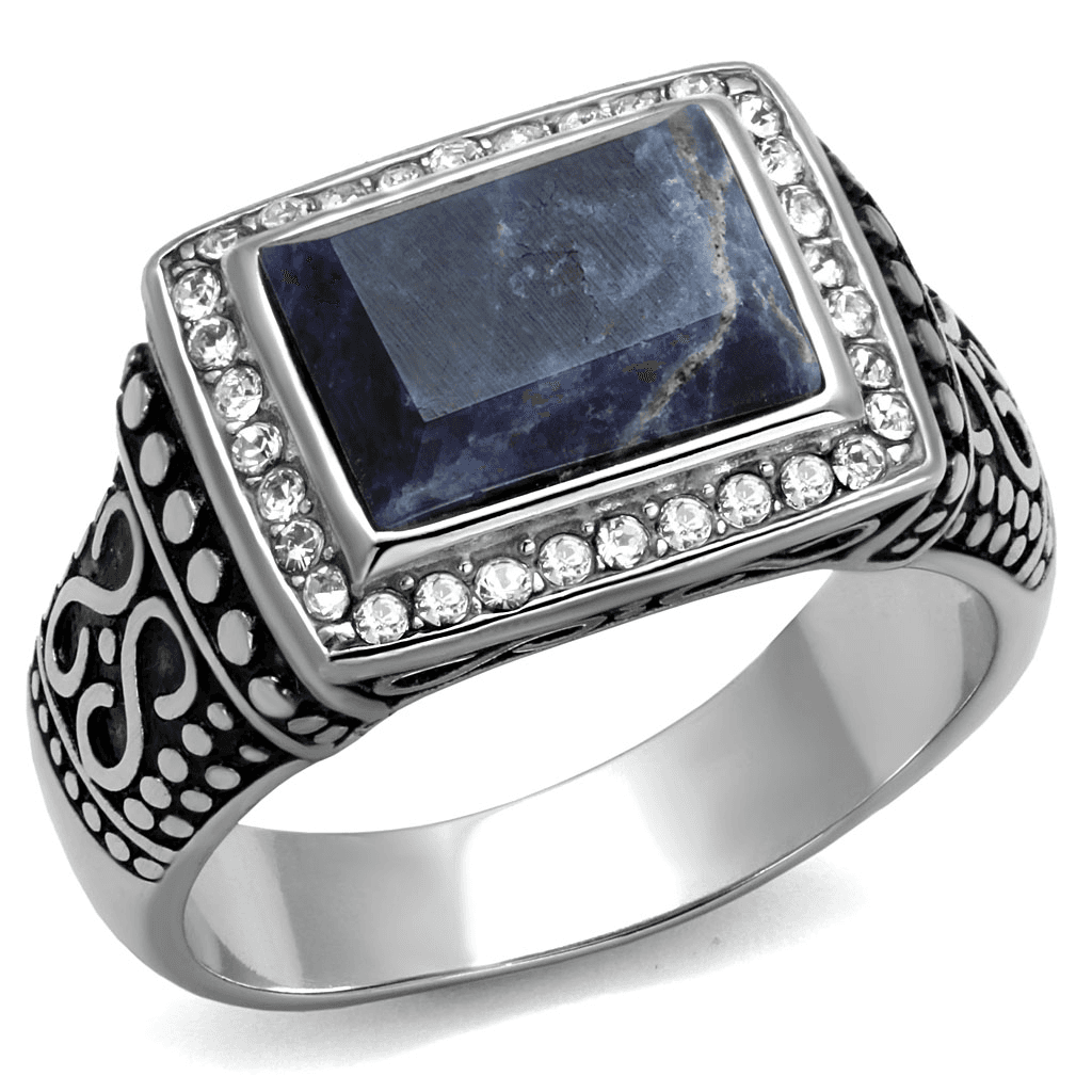 Stainless Steel Antiqued Silver Lapis Blue Stone Square CZ Ring
