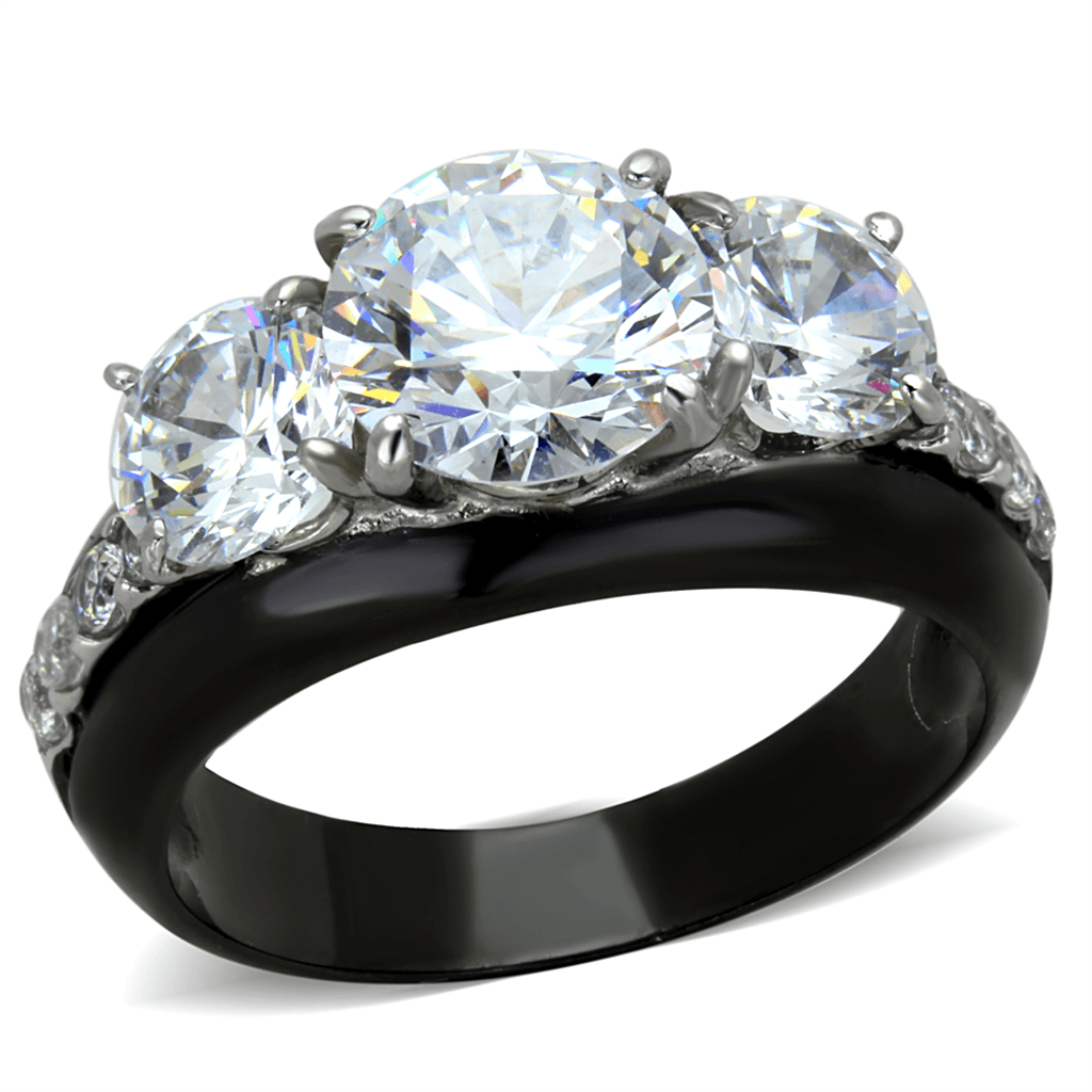 Stainless Steel Black IP CZ Round Three Stone Ring
