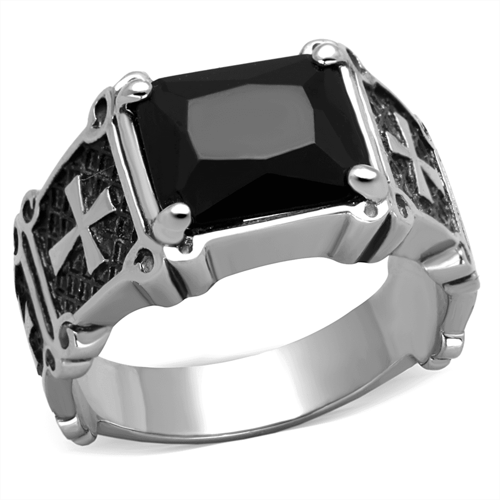 Stainless Steel Black Onyx Emerald Cut Cross Detail Mens Ring