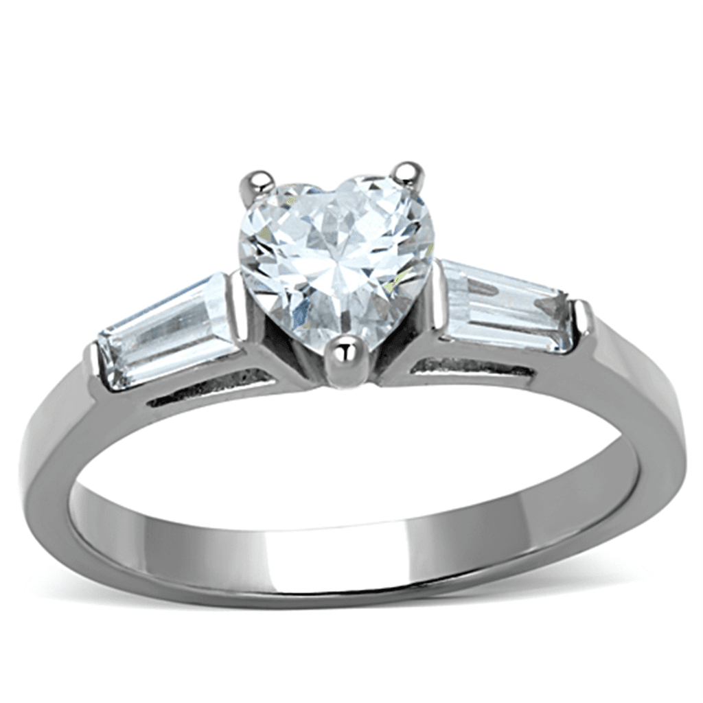 Stainless Steel CZ Heart Solitaire Baguette Accent Ring
