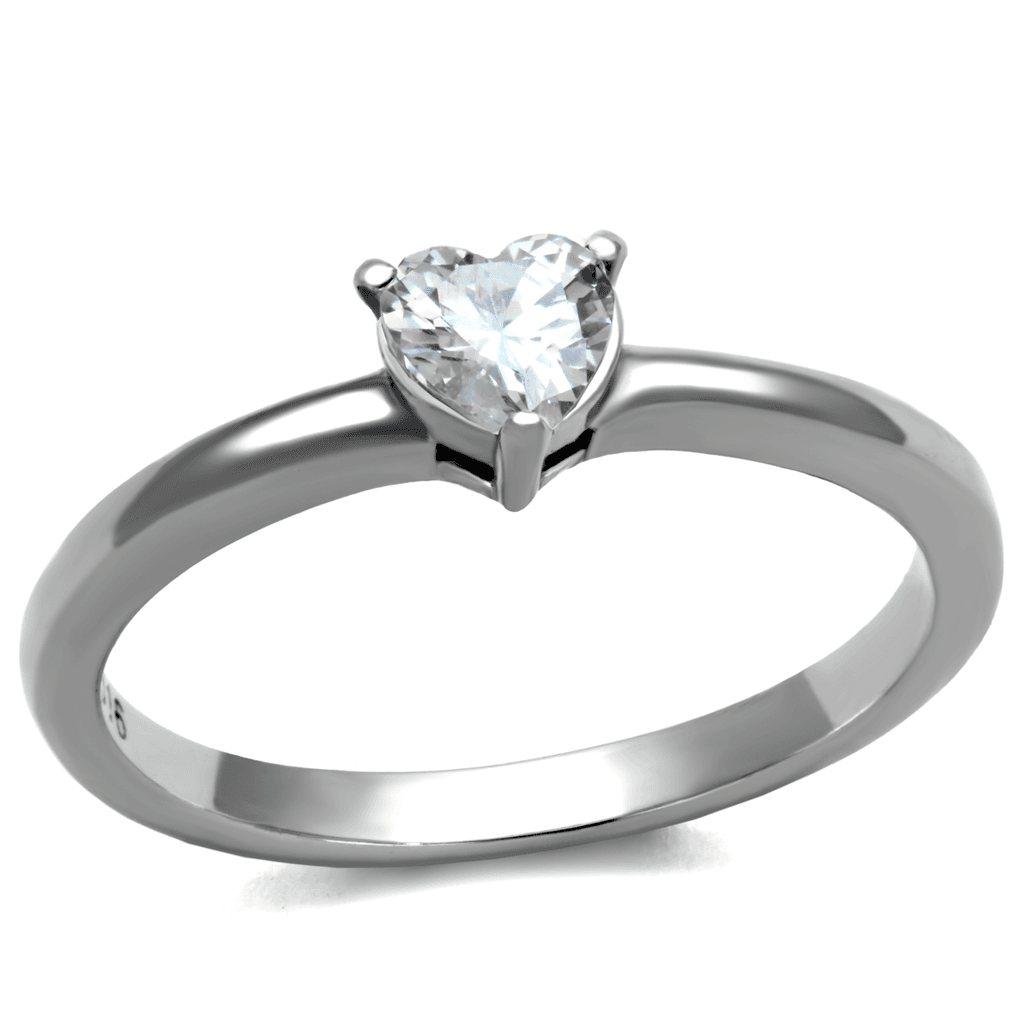 Stainless Steel CZ Heart Solitaire Thin Band Ring