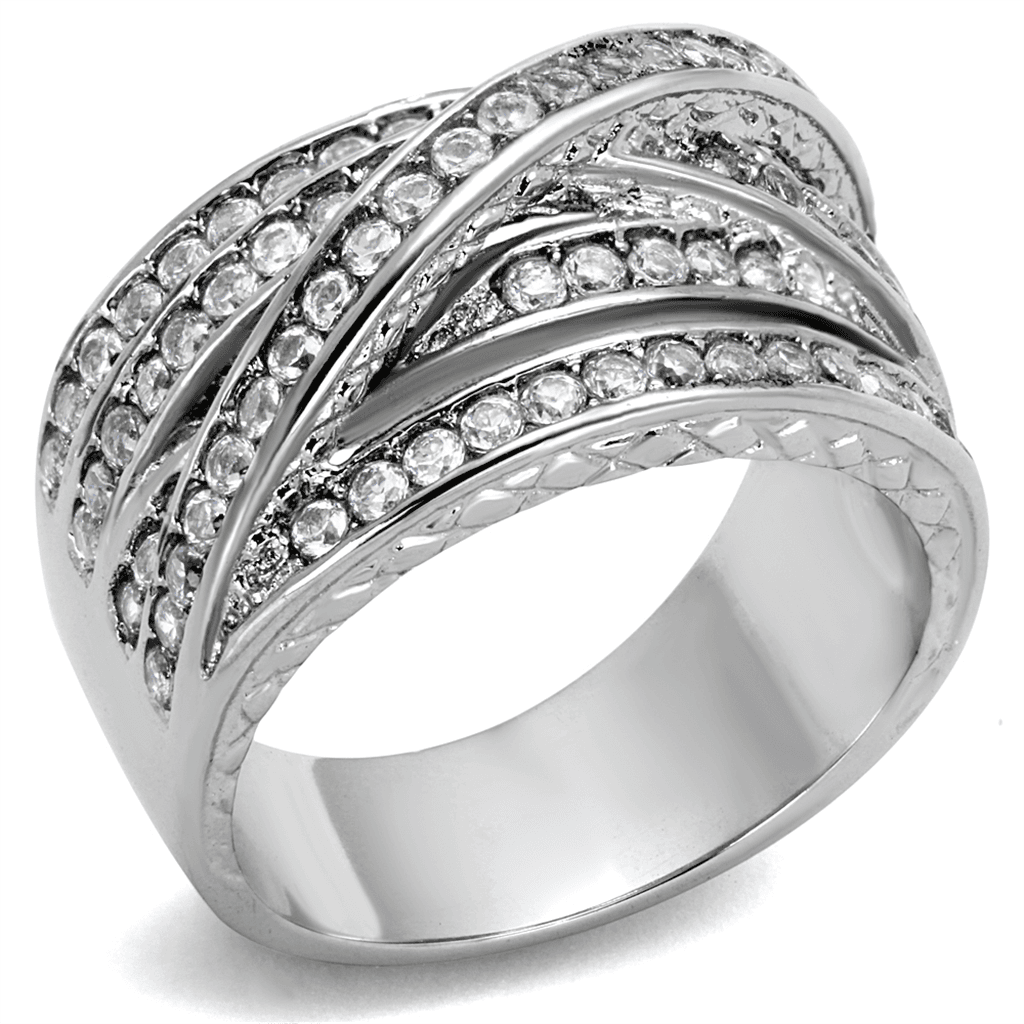 Stainless Steel CZ Multi Row Pave Wide Crossover Band Ring