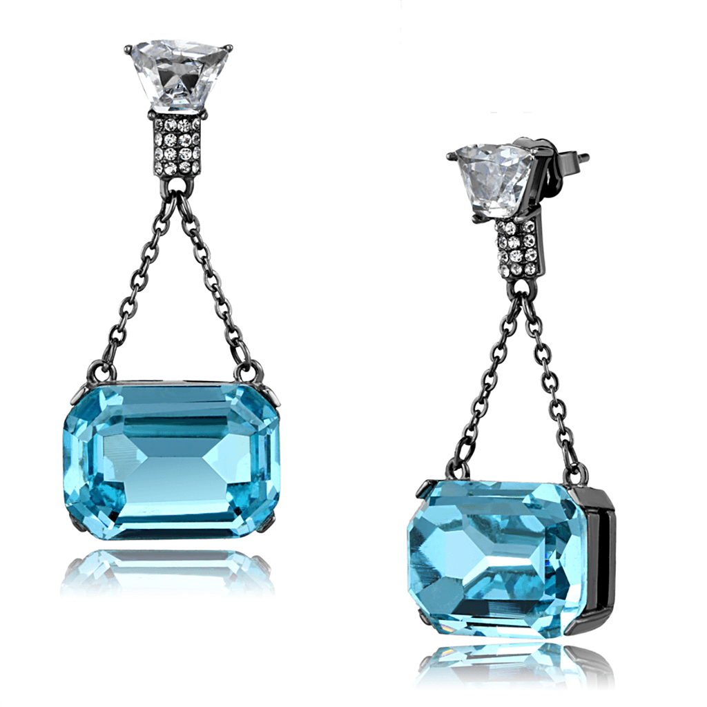 Stainless Steel CZ Pave Aquamarine Emerald Cut Chain Earrings