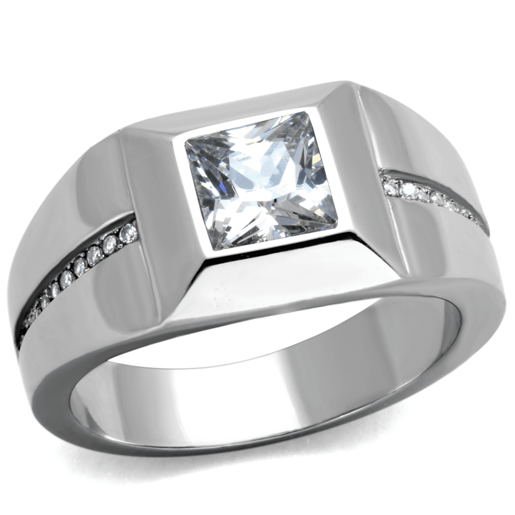 Stainless Steel CZ Princess Bezel Mens Signet Ring