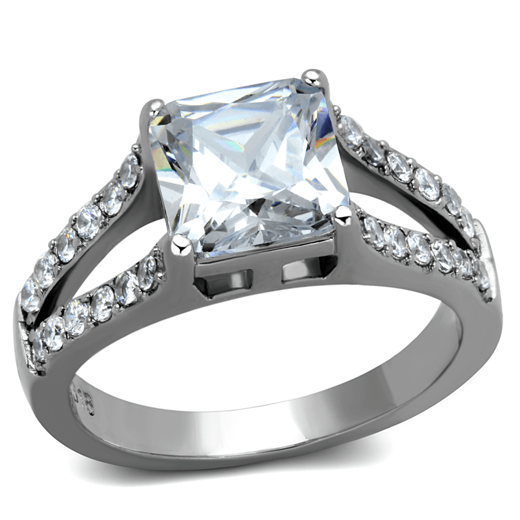 Stainless Steel CZ Princess Cut Pave Split Shank Ring