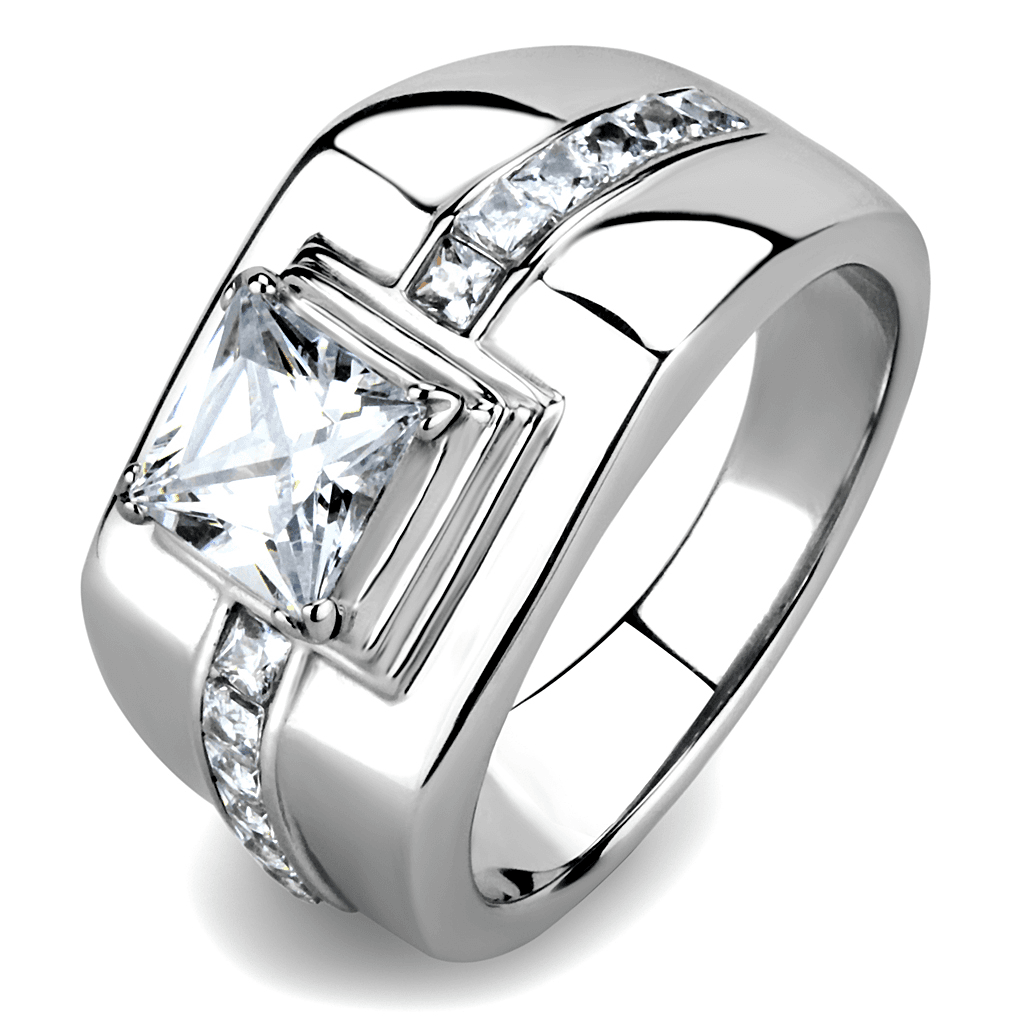 Stainless Steel CZ Princess Cut Square Halo Pave Ring