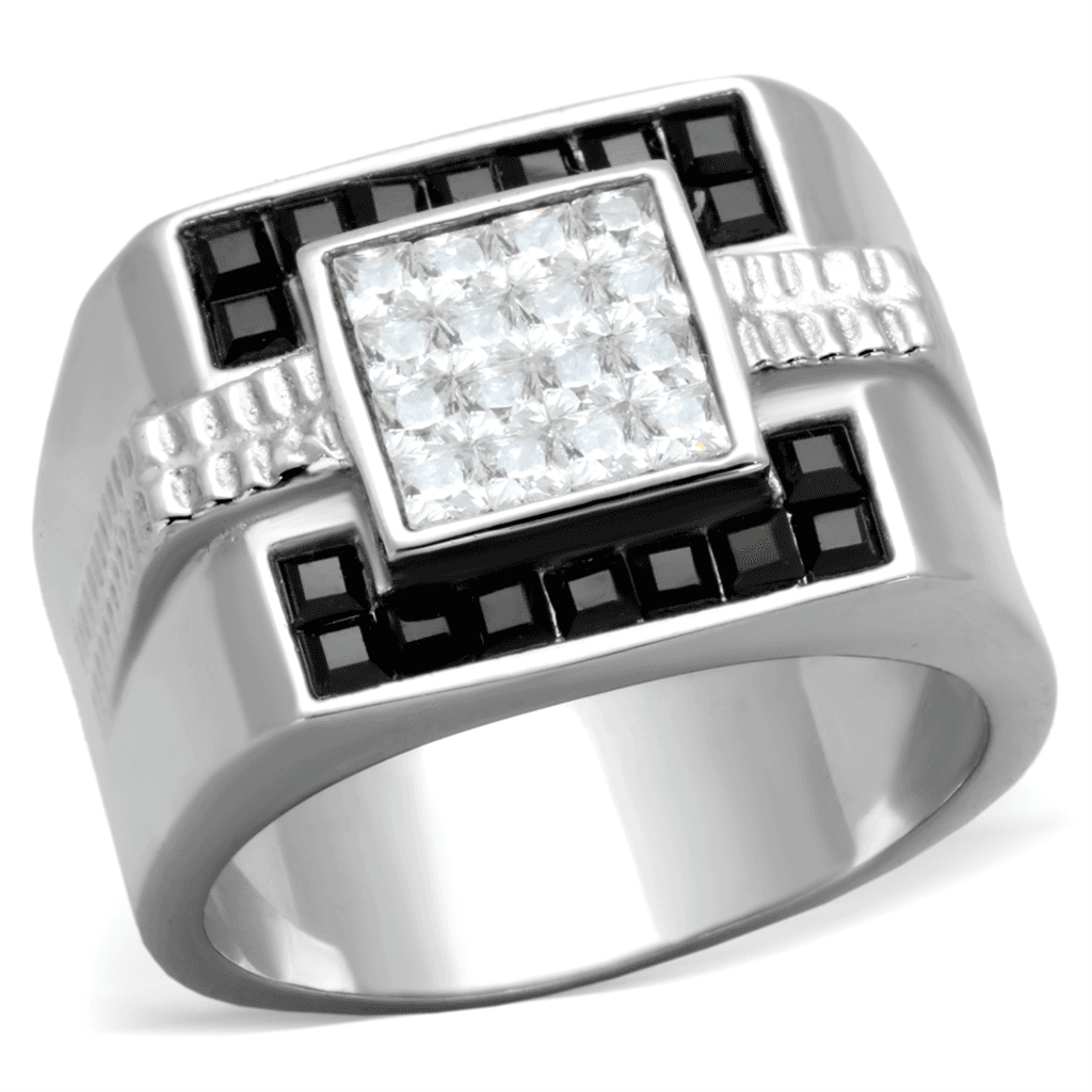 Stainless Steel CZ Princess Black Onyx Baguette Mens Signet Ring