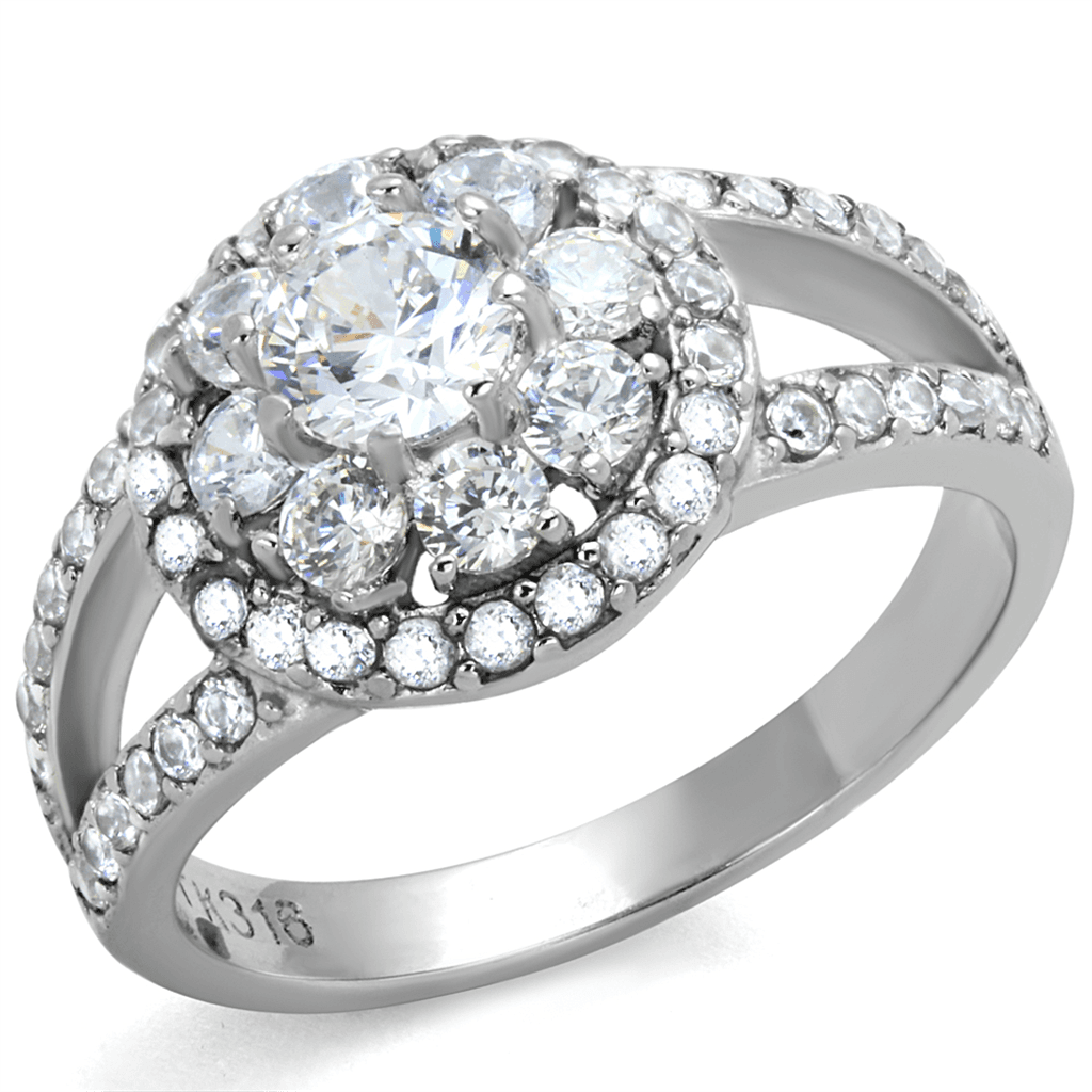 Stainless Steel CZ Round Double Halo Split Shank Ring