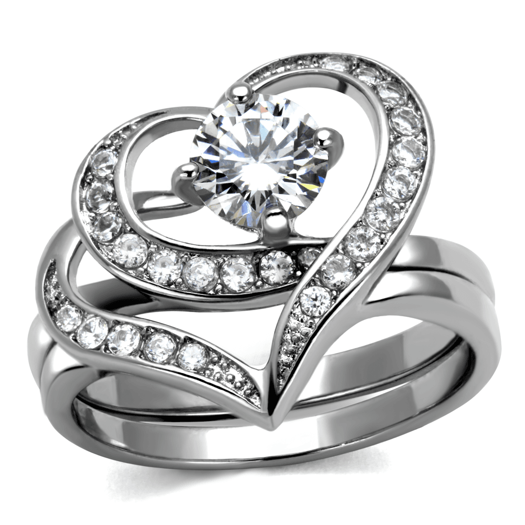 Stainless Steel CZ Round Pave Heart Open Bridal Ring