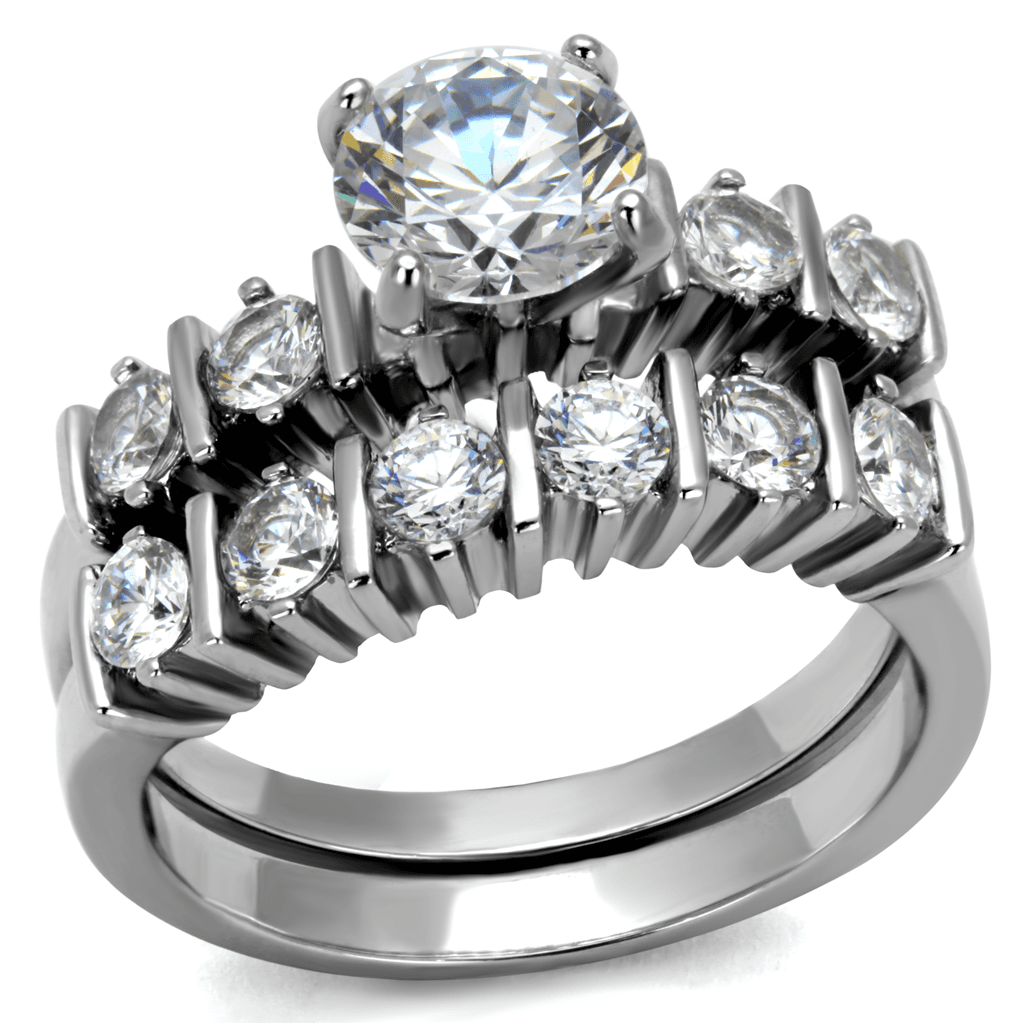 Stainless Steel CZ Round Princess Baguette Bridal Stack Ring