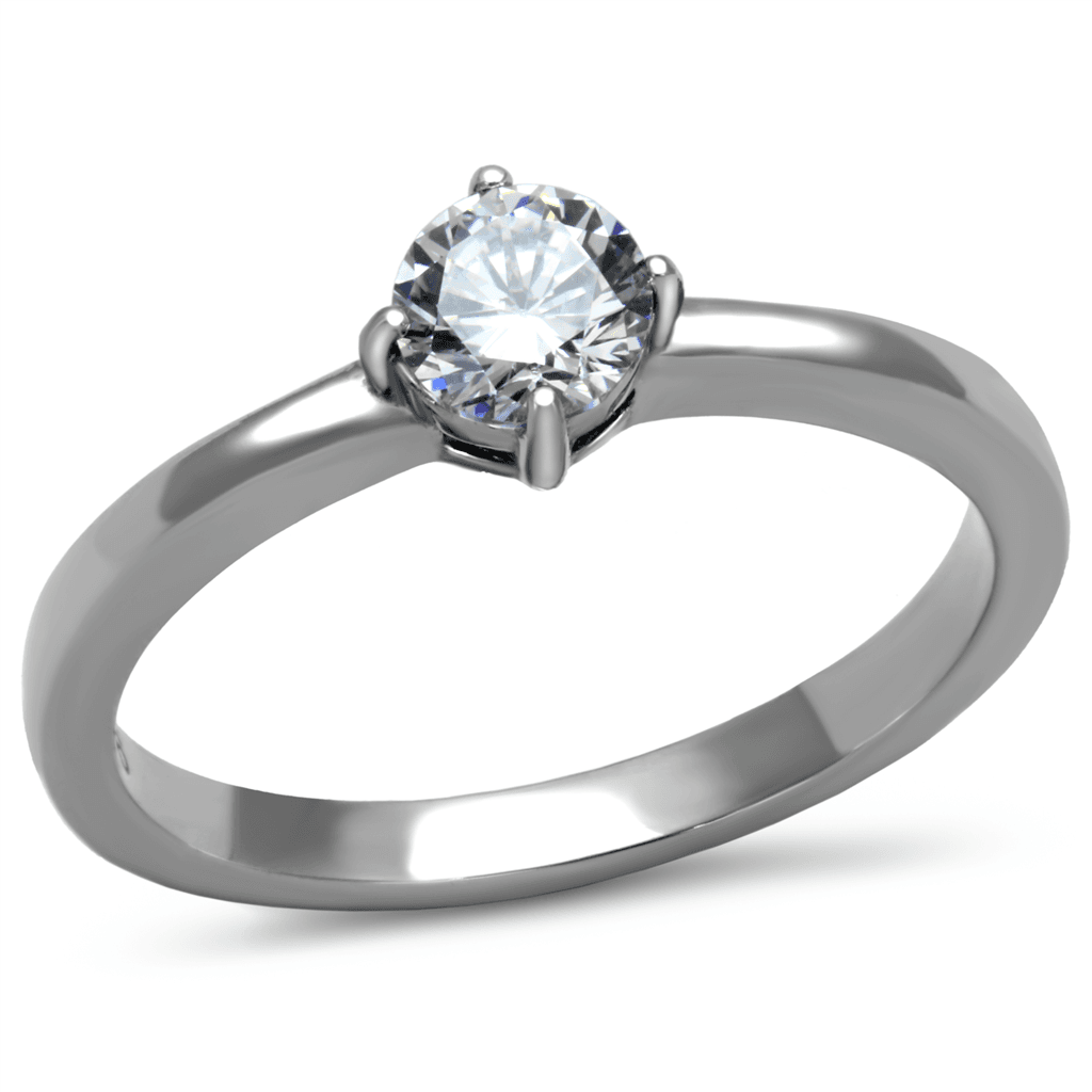 Stainless Steel CZ Round Solitaire Thin Band Ring