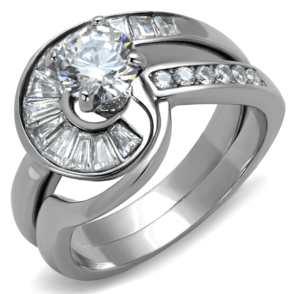 Stainless Steel CZ Round Baguette Swirl Wide Bridal Ring