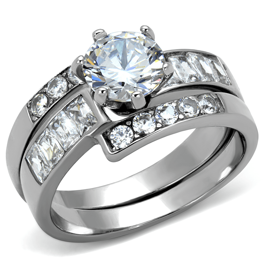Stainless Steel CZ Round Baguette Channel Wide Bridal Ring