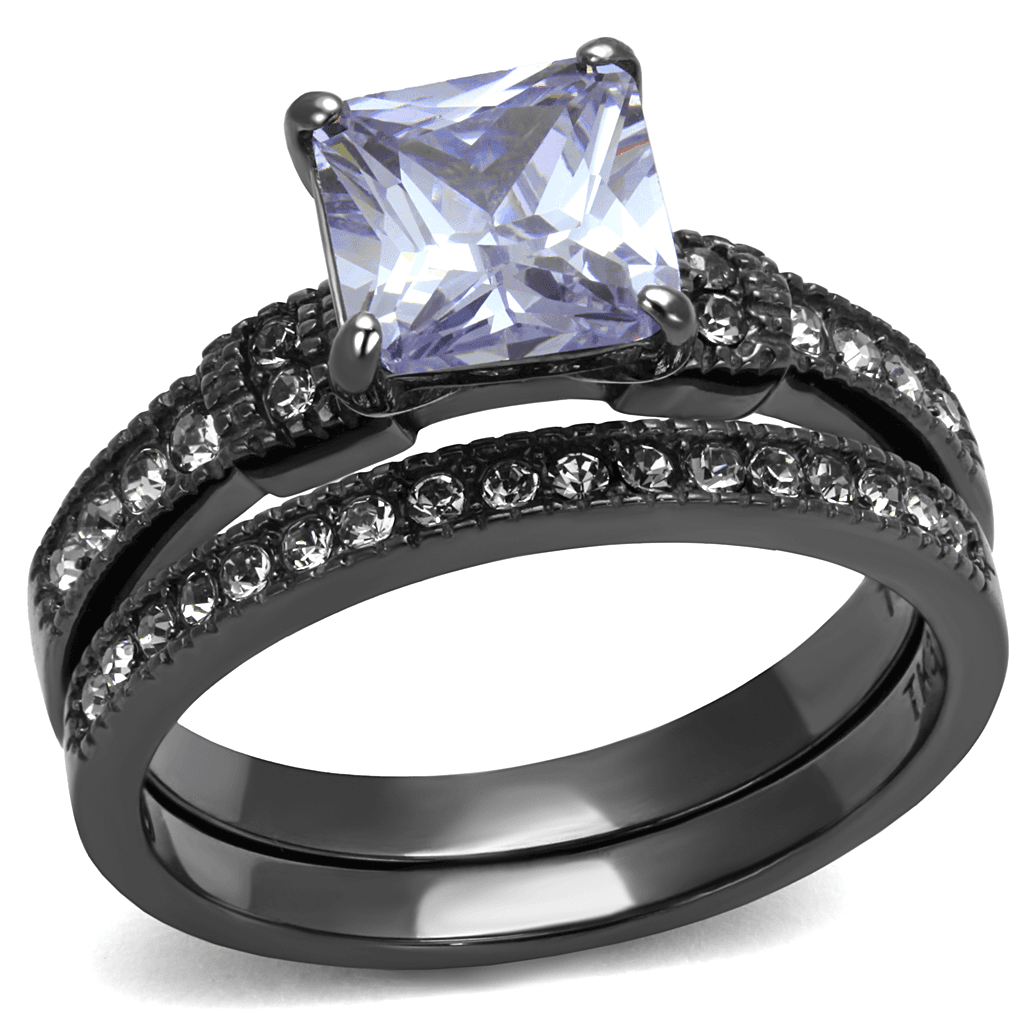 Stainless Steel Dark Gunmetal Tanzanite Purple CZ Princess Ring