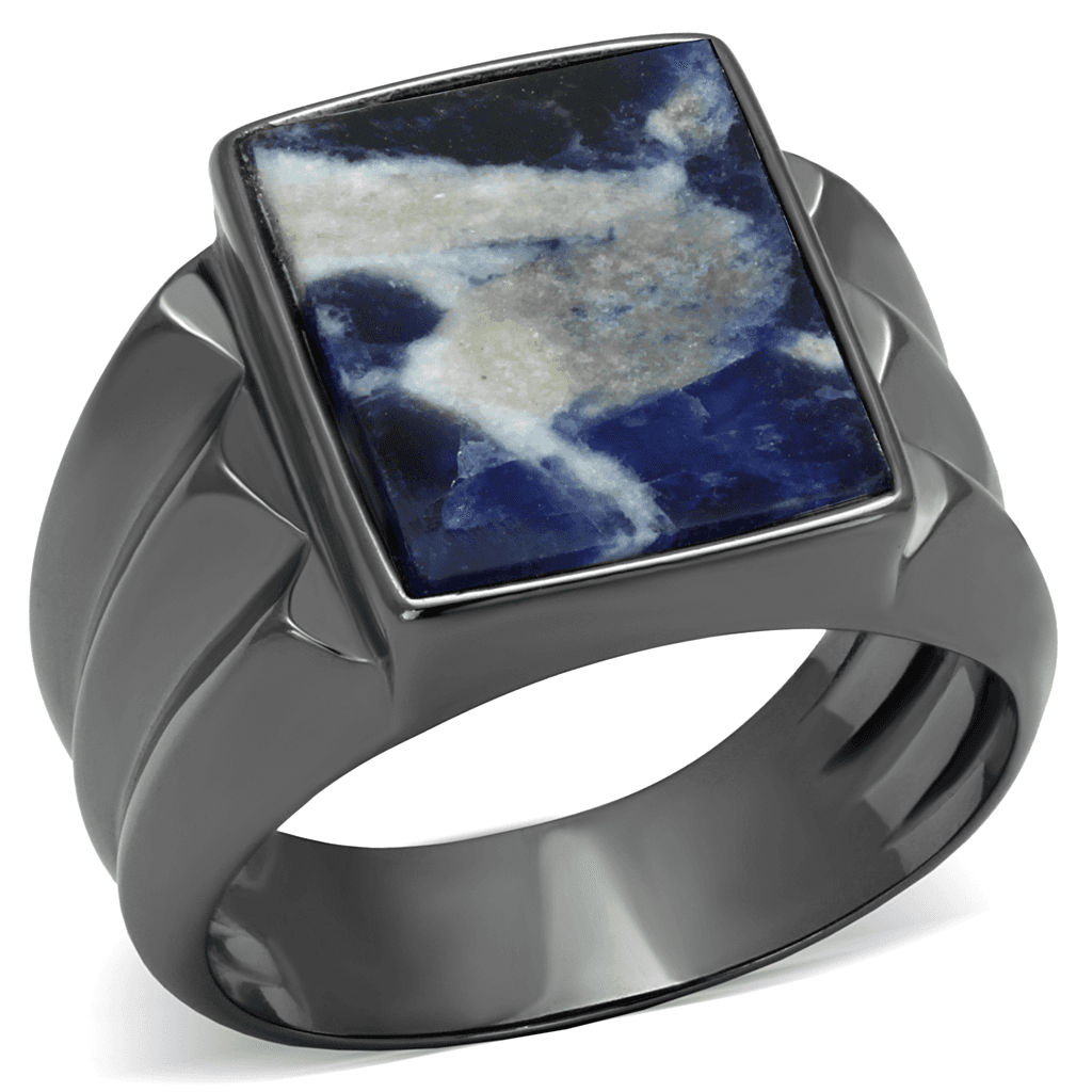 Stainless Steel Dark Gunmetal Sodalite Blue Stone Square Ring