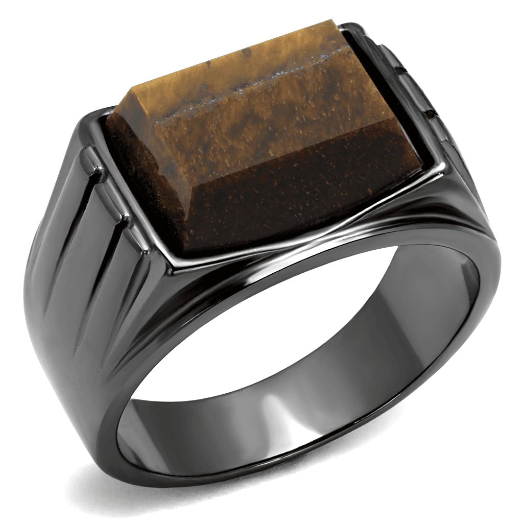 Stainless Steel Dark Gunmetal Tiger Eye Square Inlay Signet Ring